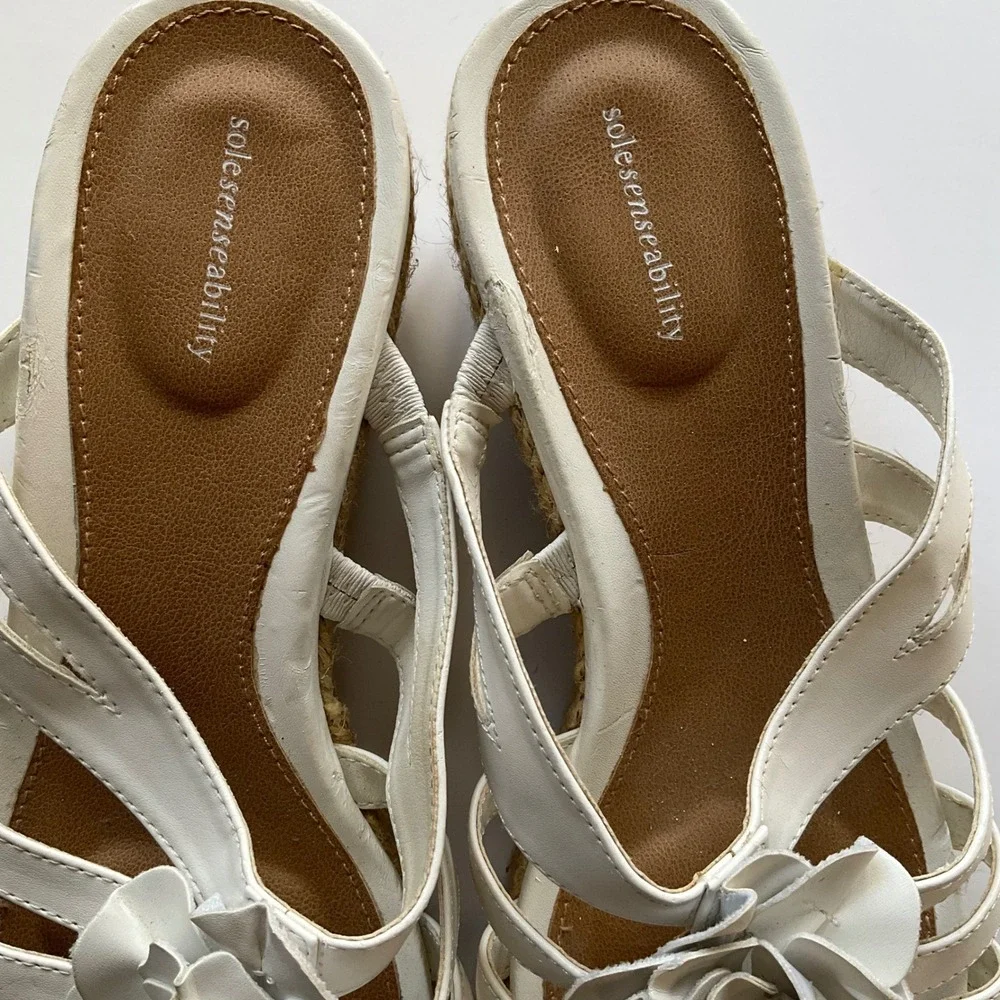 Solesenseability Mona White Flower Espadrille Wedge Sandals Womens 10 Minimalist